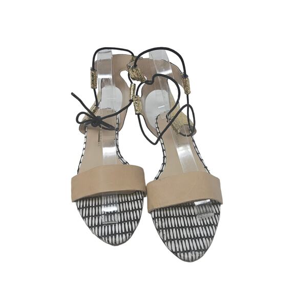 Loeffler Randall 6.5 Alexa Mixed-Media Flat Sandal Lace Up Gold Nude Classic - Picture 3 of 6